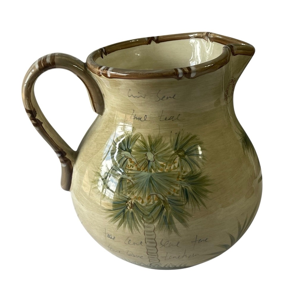 Tabletops Lifestyles Bora Bora‎ Pitcher Palm Tree Hand Painted 80oz  8"